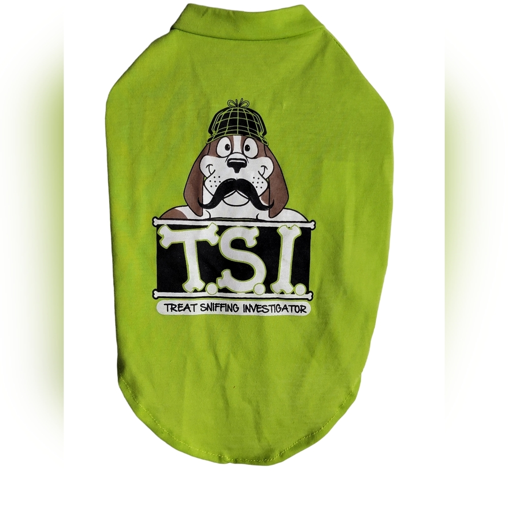 ``P25780  Green Doggy Tee – "T.S.I. – Treat Sniffing Investigator"